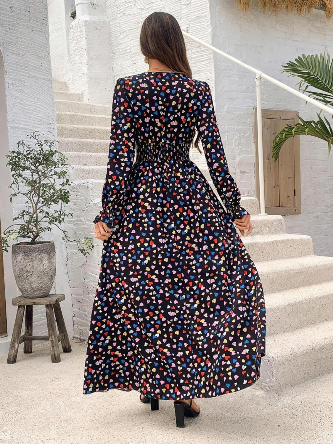 Smocked Printed V-Neck Flounce Sleeve Dress - Ladyez