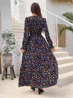 Smocked Printed V-Neck Flounce Sleeve Dress - Ladyez