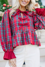 Plaid Tie Neck Ruffle Cuffs Long Sleeve Shift Blouse