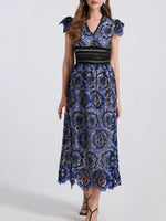 Printed V-Neck Ruffle Sleeve Midi Dress