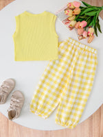 Children's Ribbed Tank Top and Plaid Pants Set with Bows
