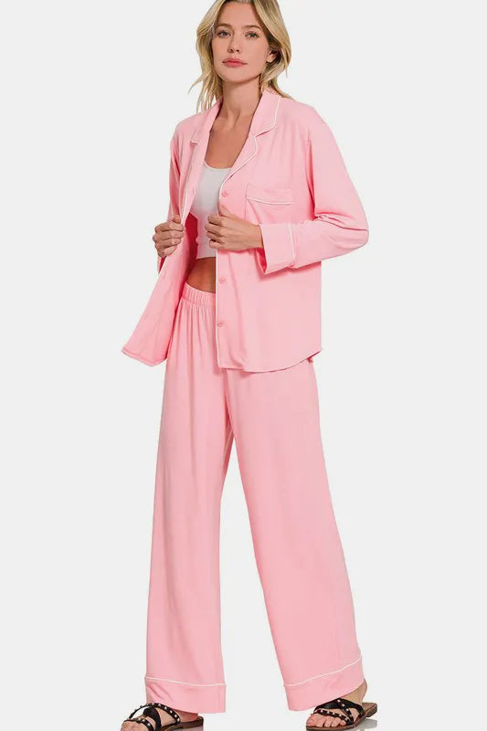 Zenana Button Down Long Sleeve Top and Pants Lounge Set - Ladyez