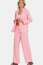 Zenana Button Down Long Sleeve Top and Pants Lounge Set - Ladyez