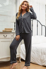 Contrast Piping Button Down Top and Pants Loungewear Set - Ladyez