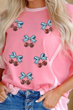Raw Seam Color Block Sequin Cherry Graphic Casual Shift Top