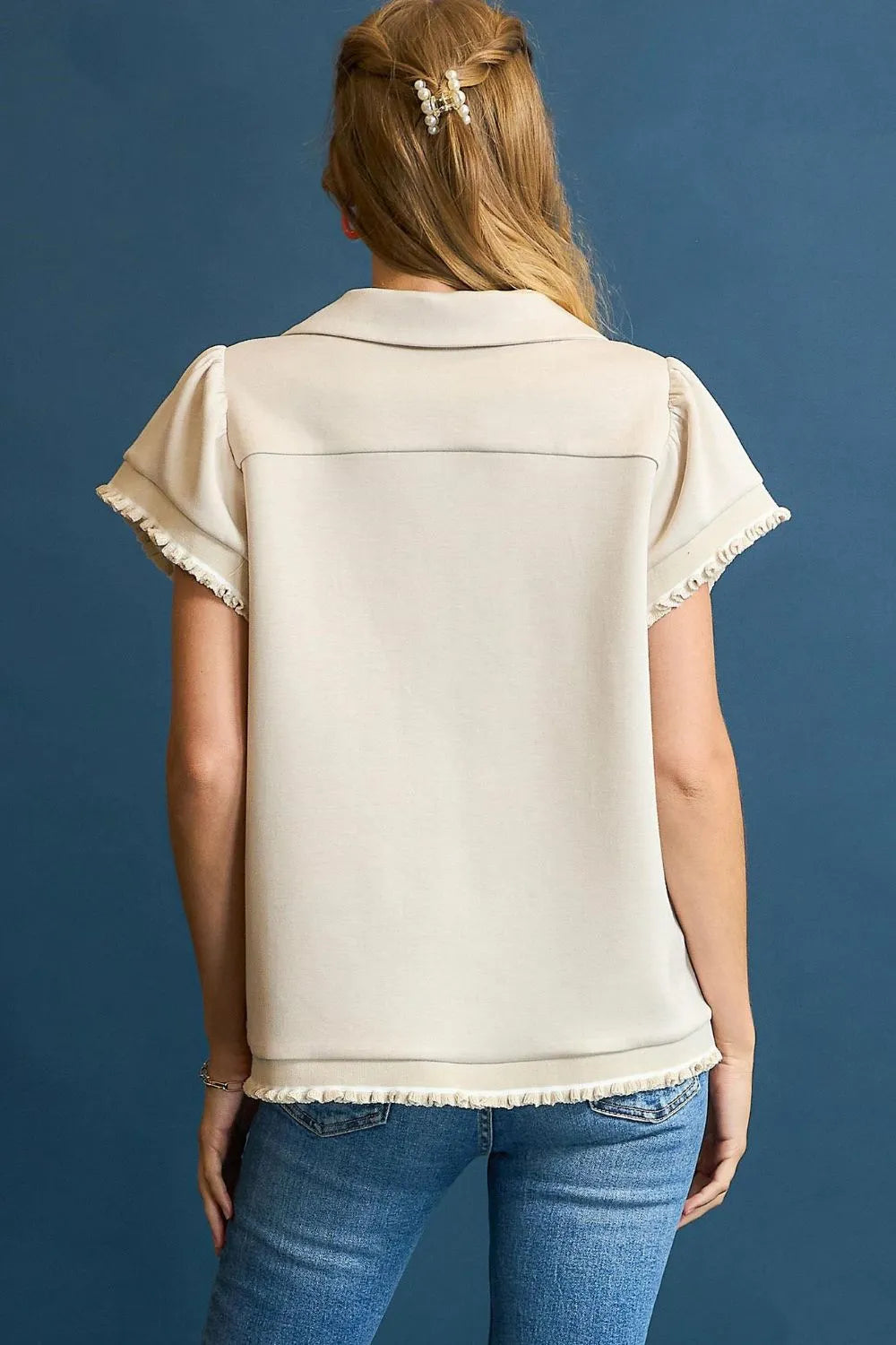 Umgee Frill Hem Half-Zip Collared Blouse - Ladyez