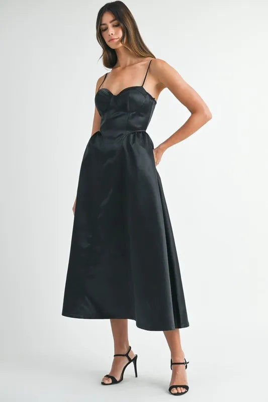 MABLE Solid Taffeta Spaghetti Strap Bustier Midi Dress - Ladyez
