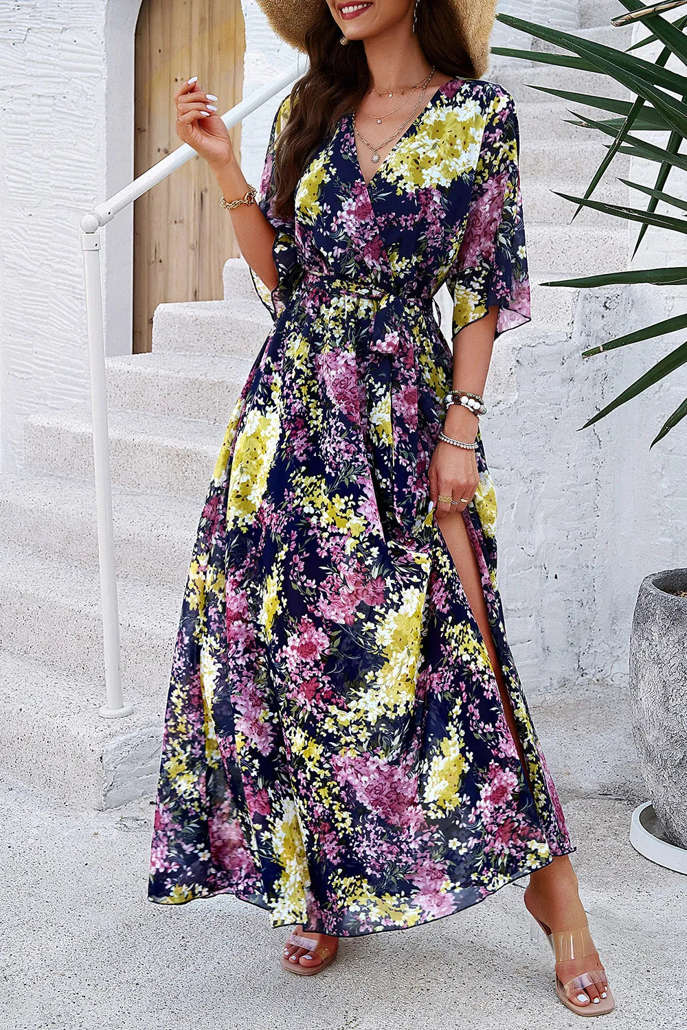 Devine Printed Tied Half Sleeve Slit Dress - Ladyez