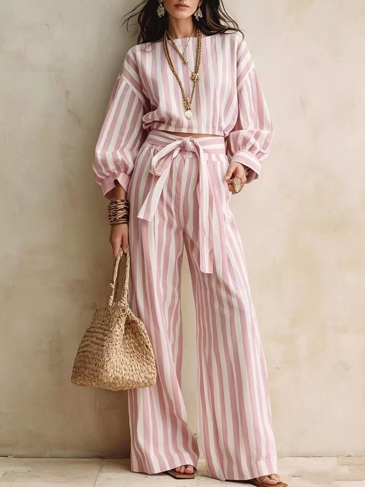 Striped Long Sleeve Top and Pants Two-Piece Set