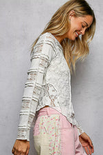 POL Round Neck Long Sleeve Exposed Seam Top with Lace Detail