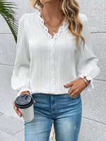 V-Neck Lace Detail Flounce Sleeve Blouse - Ladyez