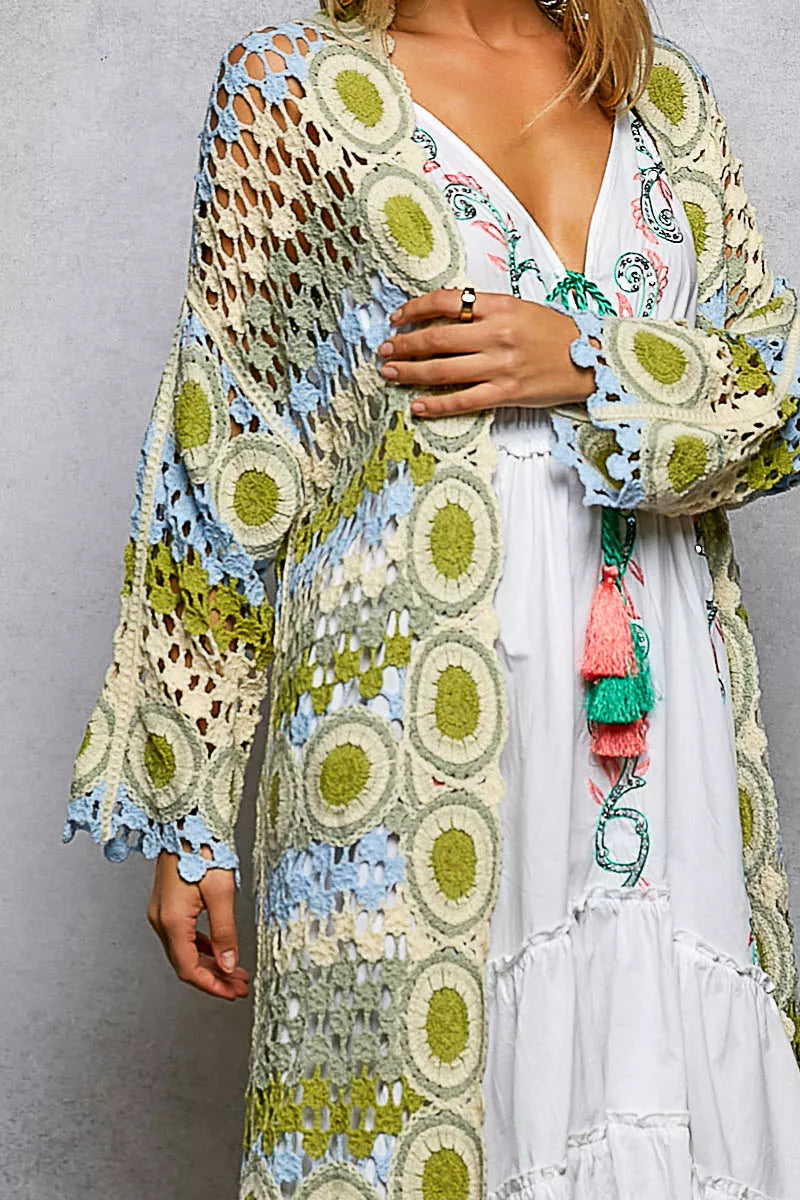 POL Scalloped Edge Open Front Crochet Cardigan with Colorful Stripe Pattern