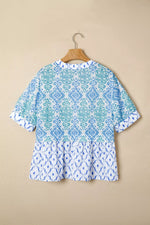 Floral Geometric Patchwork Short Puff Sleeve Babydoll Blouse