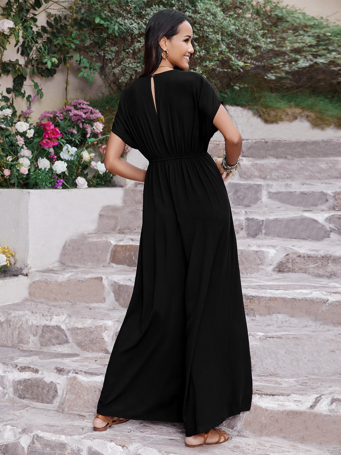 Embroidered Ruched Short Sleeve Jumpsuit - Ladyez