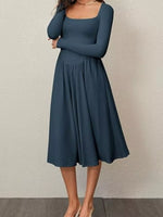 Square Neck Long Sleeve Midi Dress