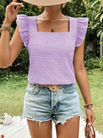 Gingham Ruffle Sleeve Square Neck Blouse