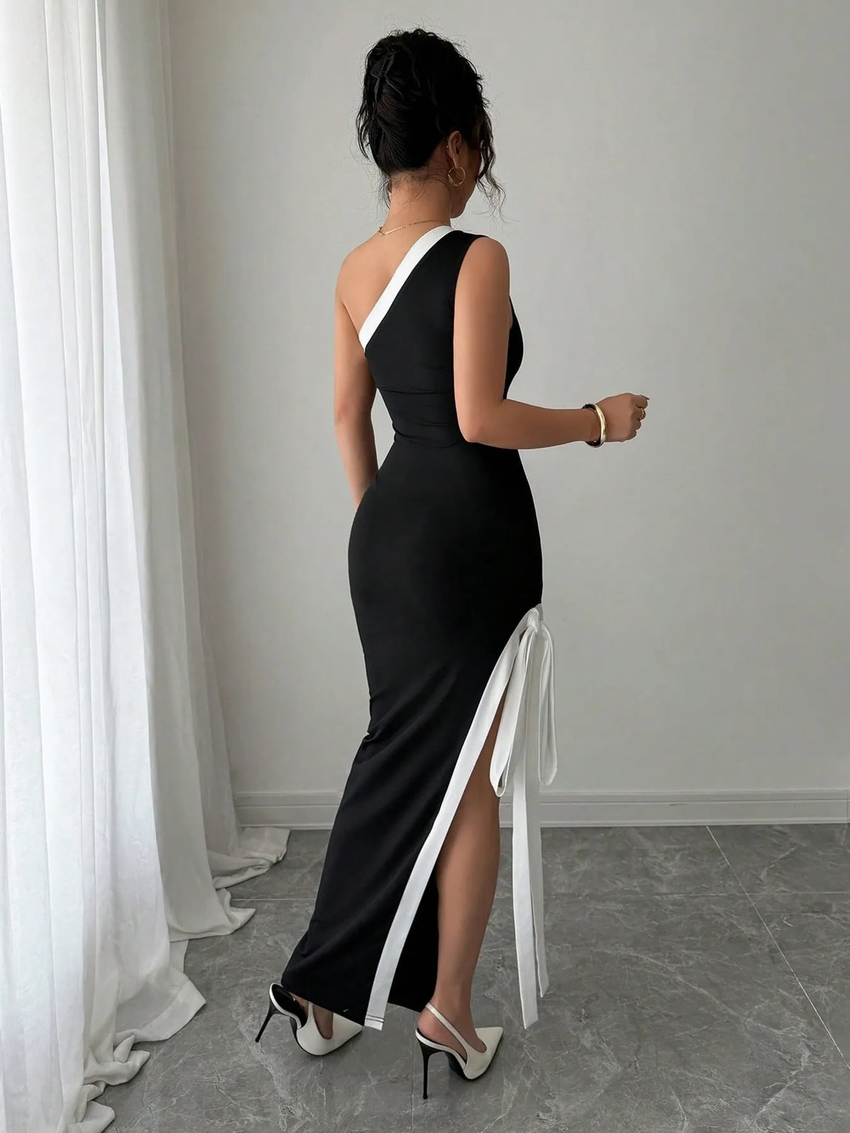 Slit Contrast Trim One-Shoulder Dress - Ladyez