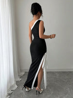 Slit Contrast Trim One-Shoulder Dress - Ladyez