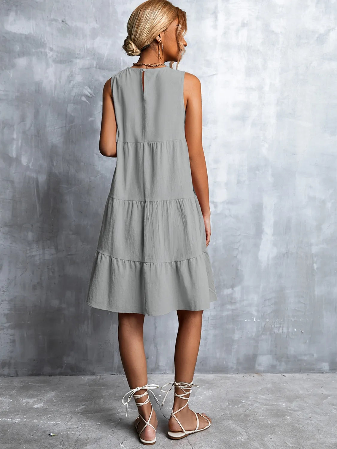 Tiered Round Neck Sleeveless Mini Tank Dress - Ladyez