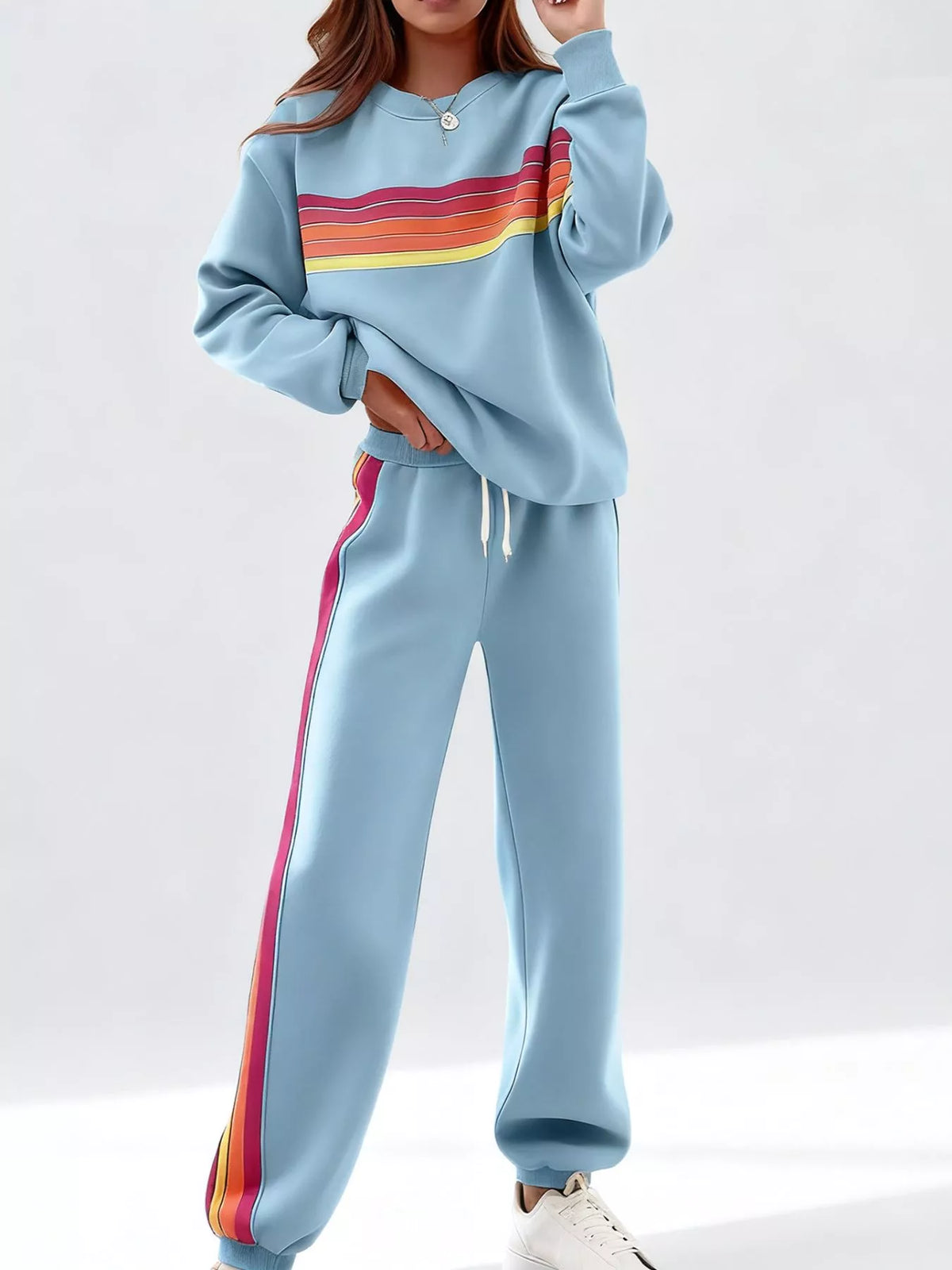 Striped Round Neck Sweatshirt and Pants Set