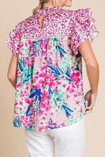 Floral Mixed Print Ruffle Cap Sleeve Blouse