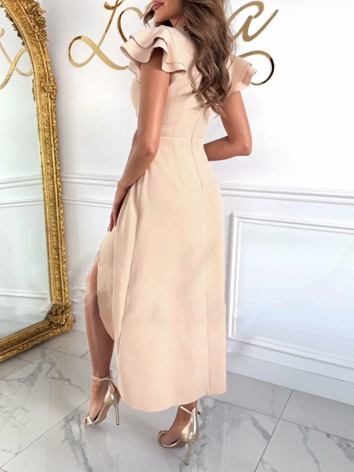 Surplice Ruffled Cap Sleeve Dress - Ladyez