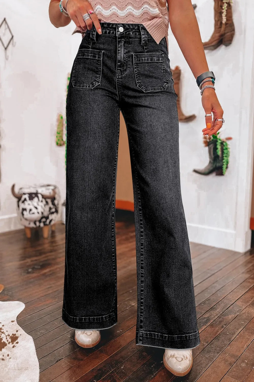 Wide Leg Pocketed High Waist Jeans - Ladyez