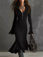 Ribbed Knit Zip Front Flare Hem Midi Dress