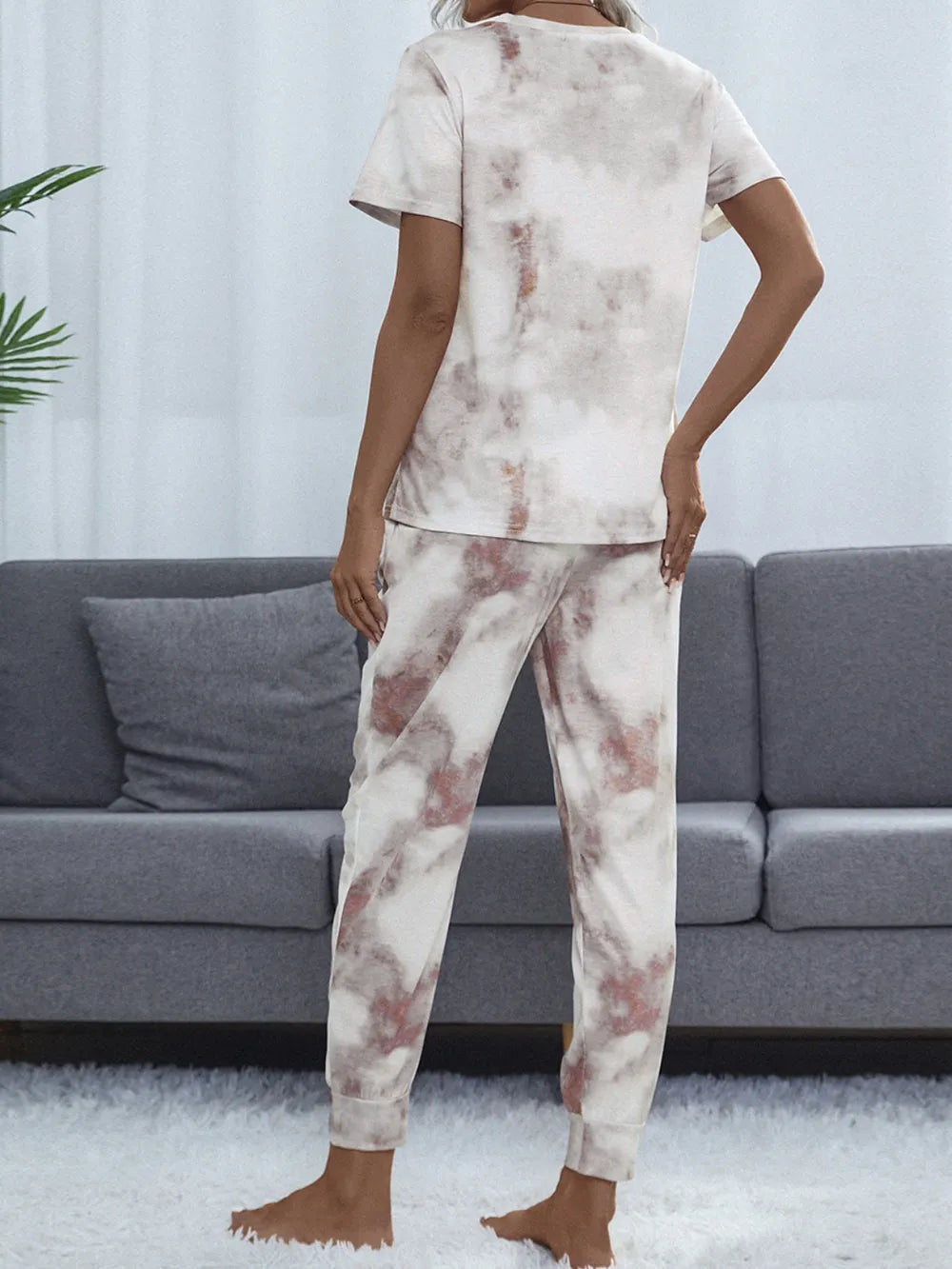Shiny Tie-Dye Round Neck Short Sleeve Top and Pants Lounge Set - Ladyez