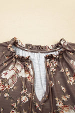 Floral Print Tassel Tie Split Neck Short Sleeve Blouse - Ladyez