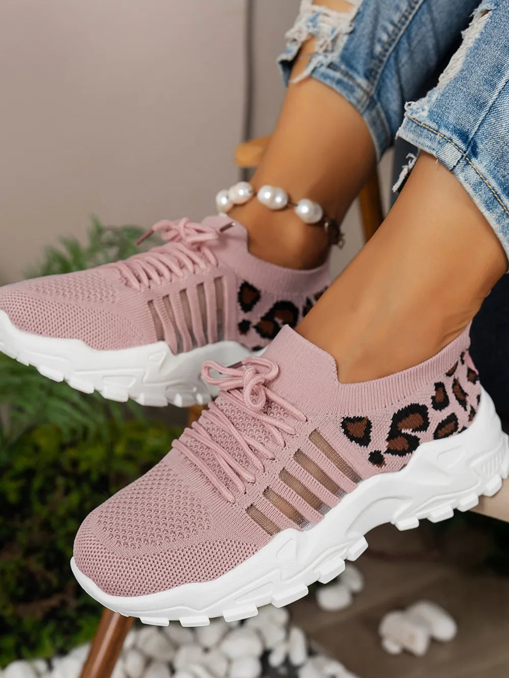 Cutout Leopard Lace Up Mesh Athletic - Ladyez