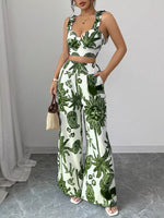 Floral Print Crop Top and Wide Leg Pants Set