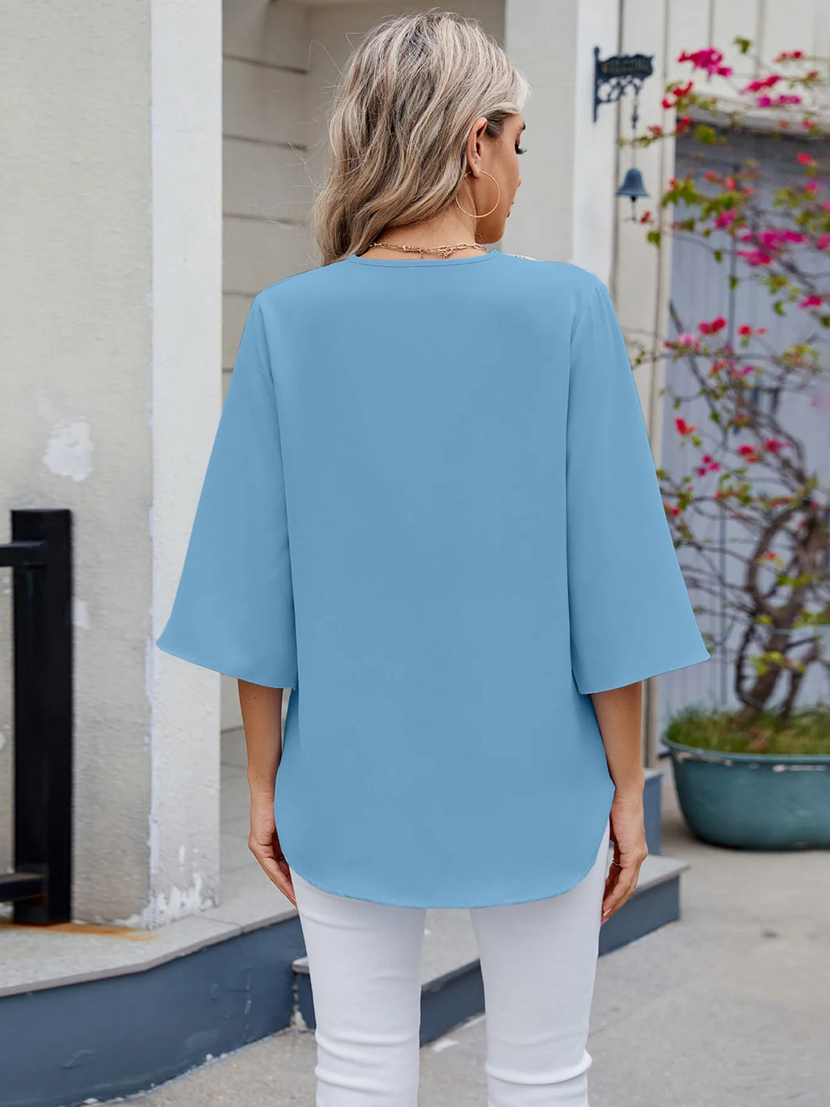 V-Neck Lace Trim Blouse - Ladyez