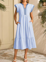 Striped Notched Ruffle Sleeve Dress