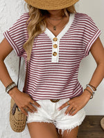 Striped V-Neck Short Sleeve T-Shirt - Ladyez