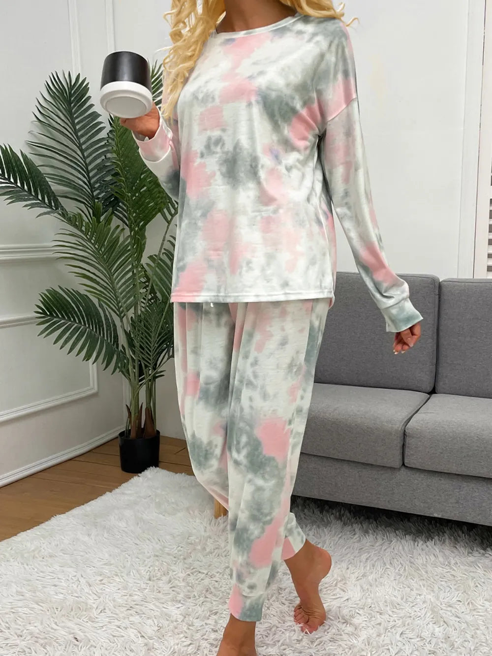 Shiny Tie-Dye Round Neck Top and Drawstring Pants Lounge Set - Ladyez