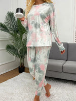 Shiny Tie-Dye Round Neck Top and Drawstring Pants Lounge Set - Ladyez
