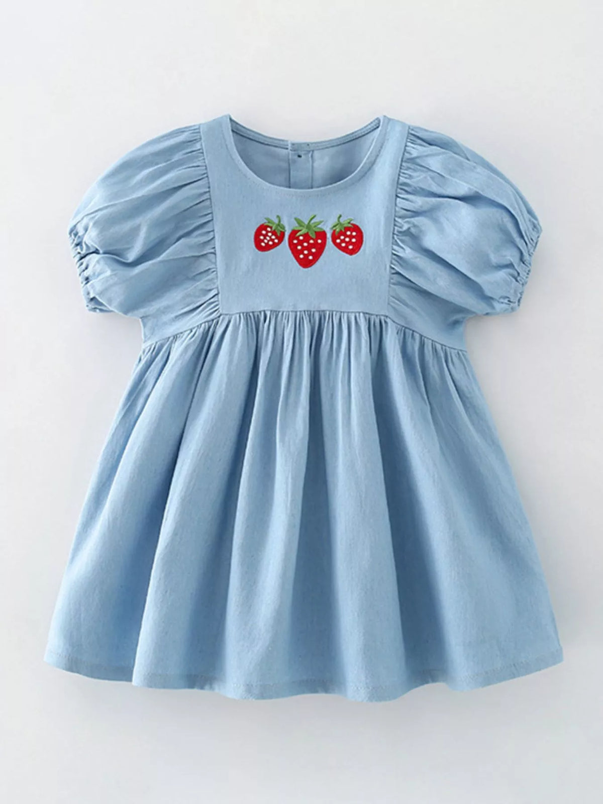 Children's Strawberry Embroidered Puff Sleeve Denim Dress