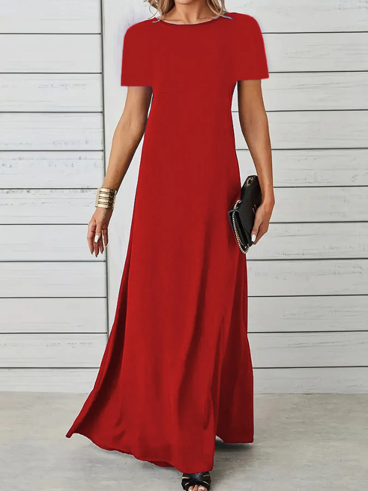 Full Size Round Neck Short Sleeve A-Line Maxi Dress Plus Size - Ladyez