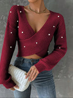 Pearl Detail Crisscross Front Sweater
