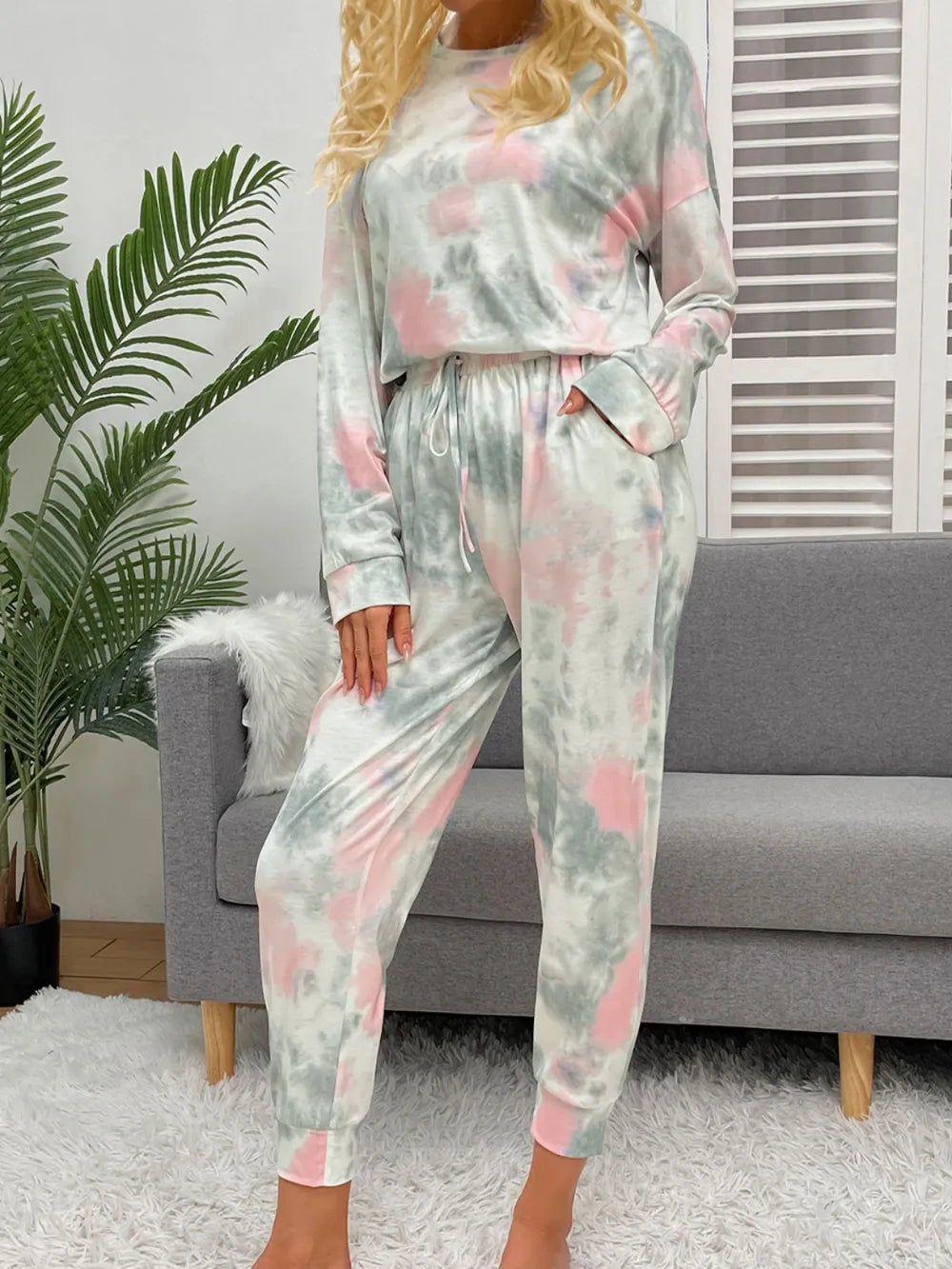 Shiny Tie-Dye Round Neck Top and Drawstring Pants Lounge Set - Ladyez