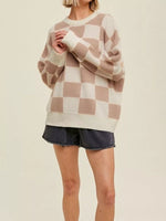 Checkered Pattern Ribbed Trim Knit Baggy Sweater