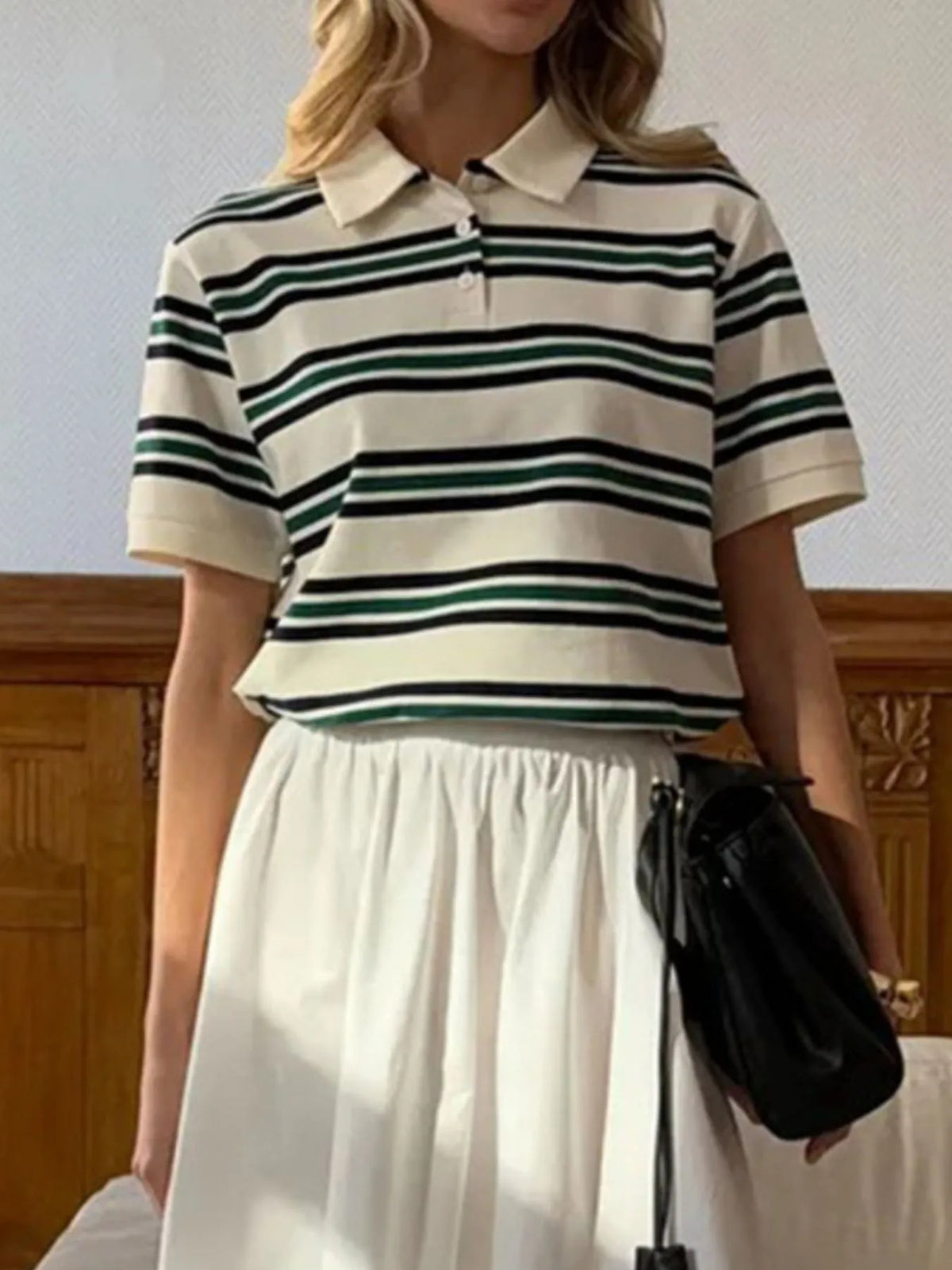 Striped Polo T-Shirt with Contrast Collar - Ladyez