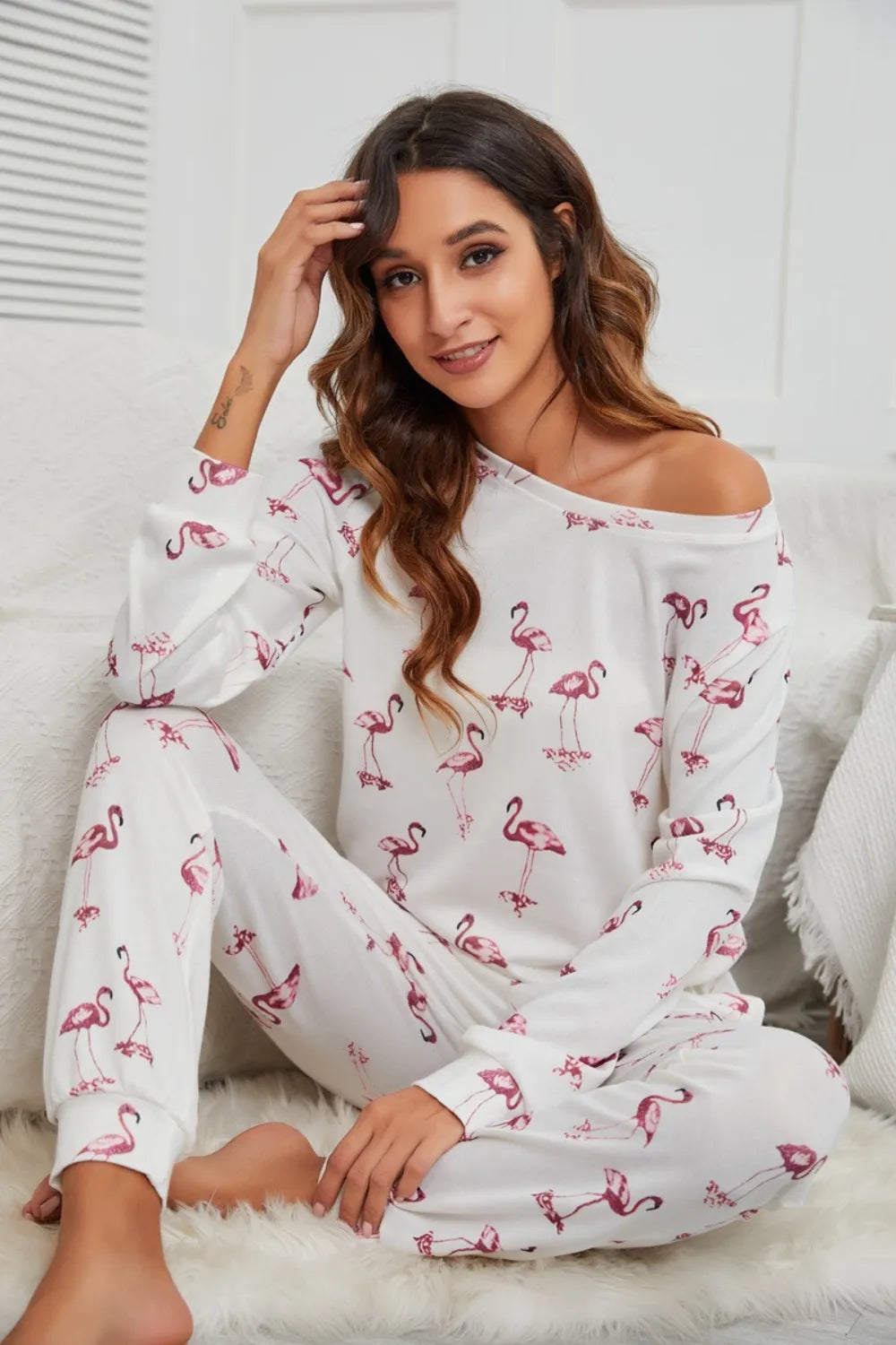 Flamingo Long Sleeve Top and Pants Lounge Set - Ladyez