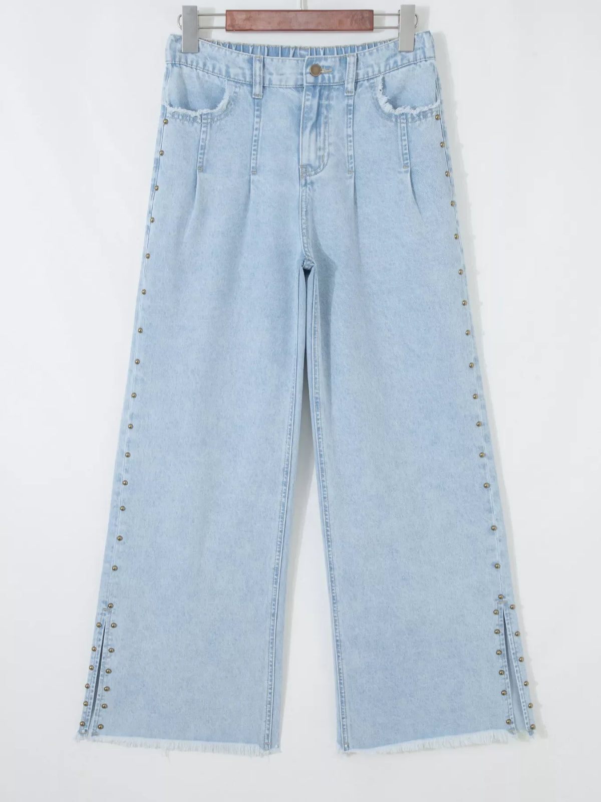 Studded Side Slit Leg Frayed Pocketed Wide Leg Jeans