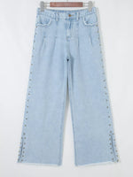 Studded Side Slit Leg Frayed Pocketed Wide Leg Jeans