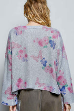 POL Ribbed Butterfly Print Round Neck Knit Top