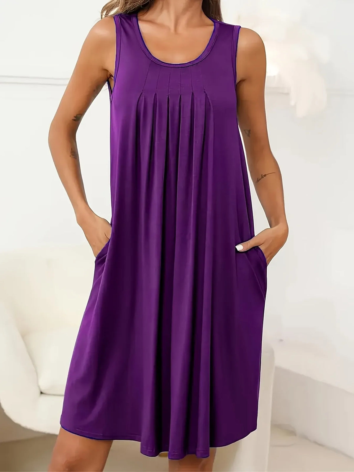 Flowy Pleated Tank Dress with Pockets - Ladyez