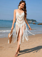 Fringe Openwork Spaghetti Strap Cover-Up - Ladyez