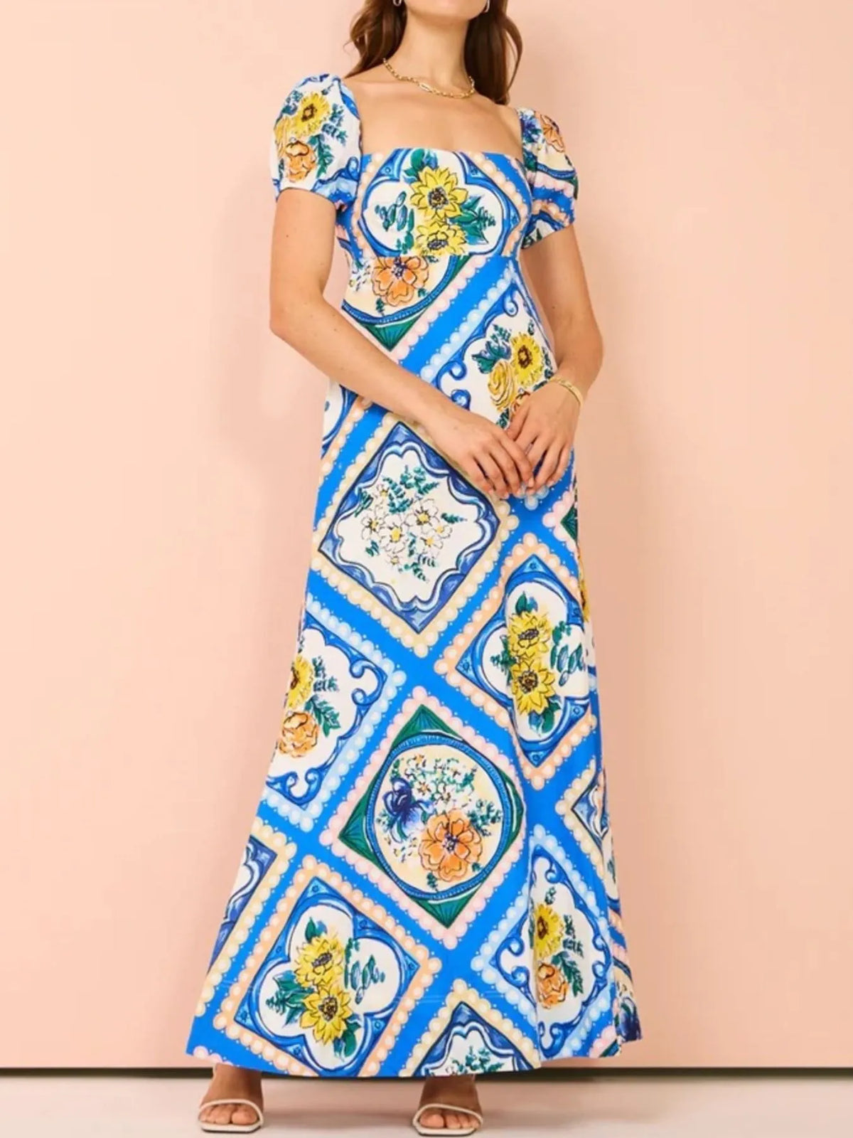 Printed Square Neck Puff Sleeve Maxi Dress - Ladyez